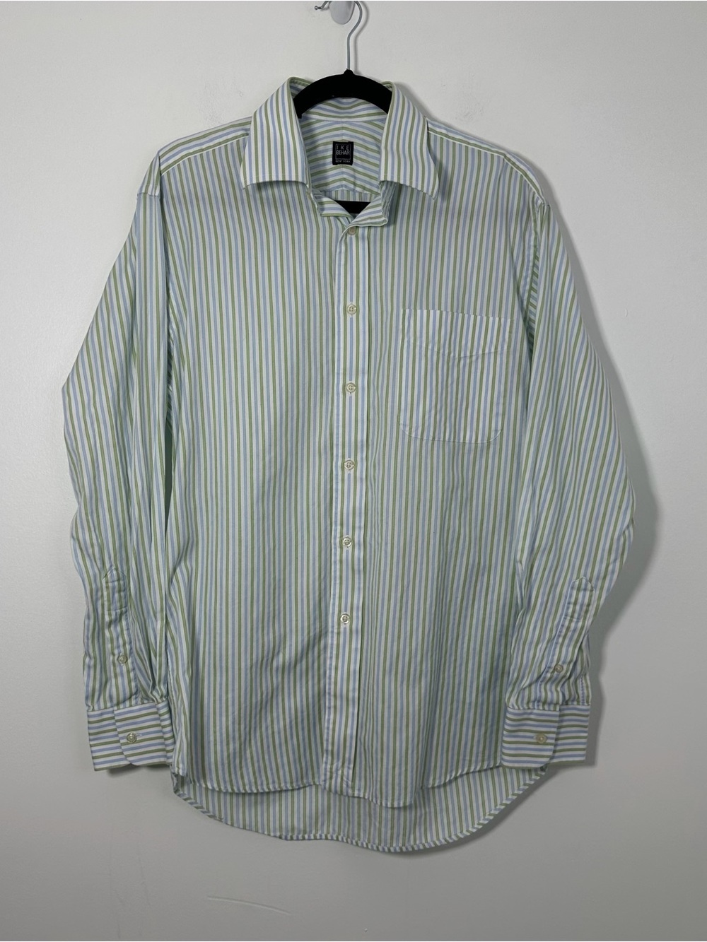 Ike Behar New York Men’s 15-34 Striped 100% Cotton Dress Shirt Blue Green White